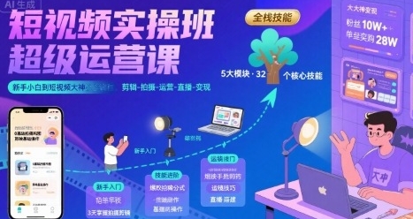 短视频实操班超级运营课 剪辑-拍摄-运营-直播-变现-渡漳网