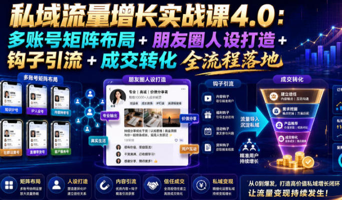 私域流量增长实战课4.0,人设打造+钩子引流+成交转化全流程落地-渡漳网