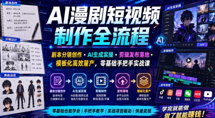 AI漫剧短视频制作全流程 AI生成实操 剪辑发布落地-渡漳网