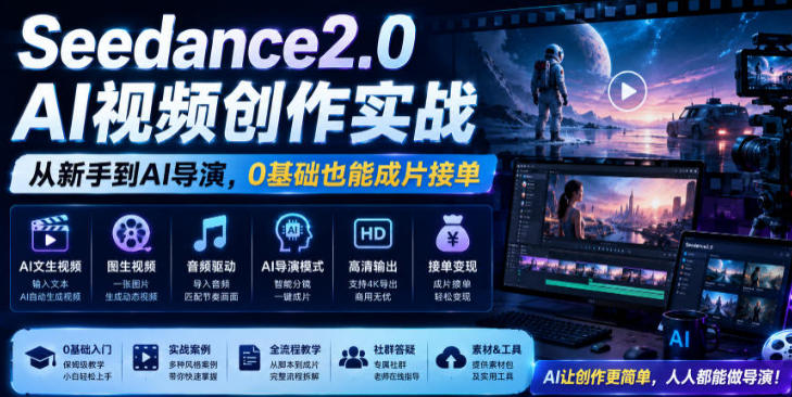 Seedance2.0 AI视频创作实战，从新手到AI导演，0基础也能成片接单变现-渡漳网