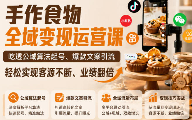 手作食物全域变现运营课,吃透公域算法起号、爆款文案引流-渡漳网