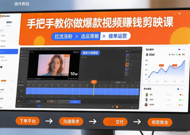 爆款视频赚钱剪映课，手把手教学拉流涨粉、选品策略和接单运营-渡漳网