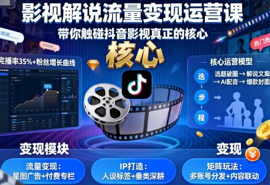 影视解说流量变现运营课，带你触碰抖音影视真正的核心-渡漳网